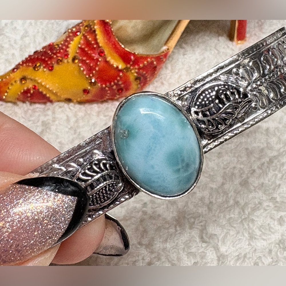Solid/bold Larimar Cuff Bracelet with Silver Accents-stamped 925 - Picture 3 of 11
